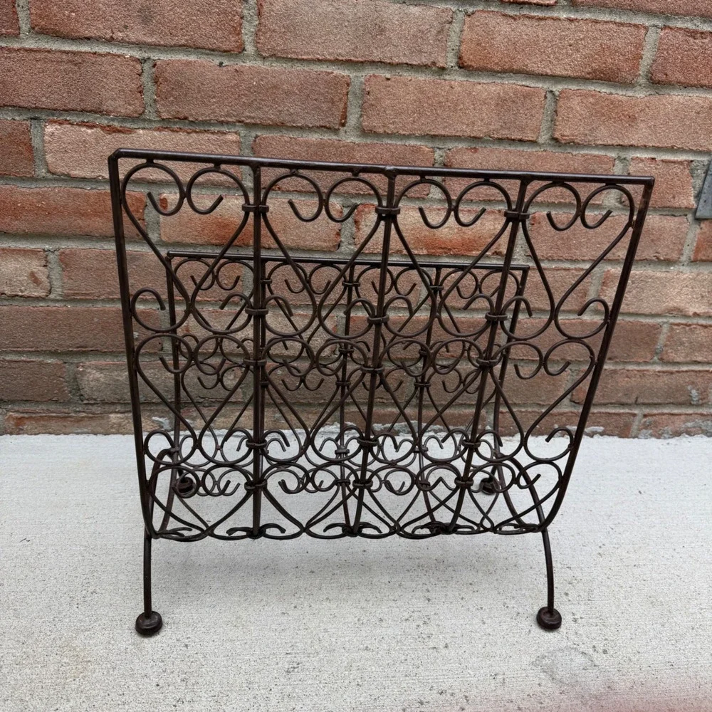 Magazine Rack Bronzed Wire Wrought Iron Heart Scroll Vintage Log Rack Cottage